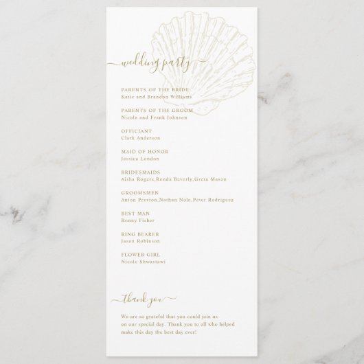 Coastal Ivory & Gold Hand Drawn Seashell Wedding Programm (Rückseite)