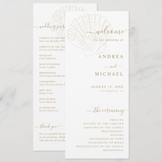 Coastal Ivory & Gold Hand Drawn Seashell Wedding Programm (Vorne/Hinten)