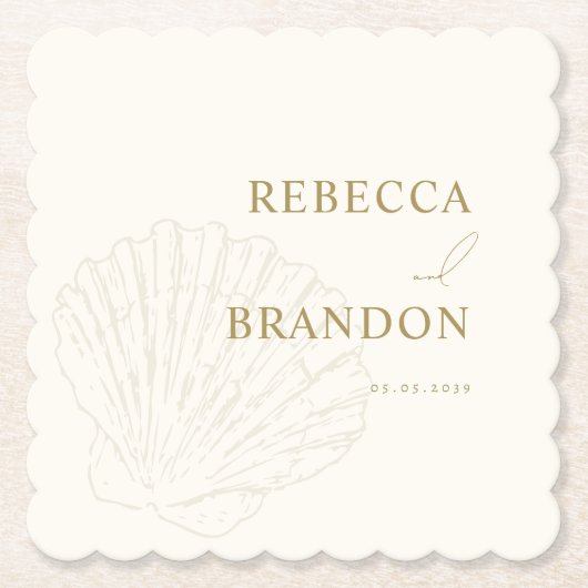 Coastal Ivory & Gold Hand Drawn Seashell Wedding Untersetzer (Vorderseite)