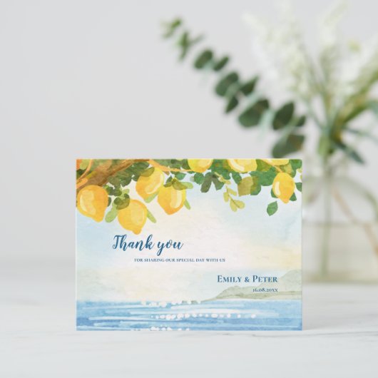 Coastal Lemon Garden Wedding Thank You Postkarte (Stehend Vorderseite)