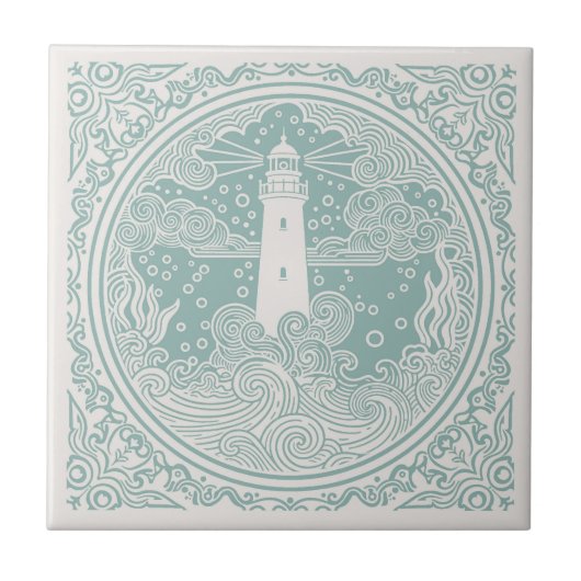 Coastal Life Series Lighthouse Teal D1208 Fliese (Vorderseite)