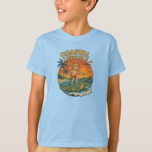 Coastal Lifestyle Gator Surfing -Retro Beach Kid's T-Shirt (Vorderseite)