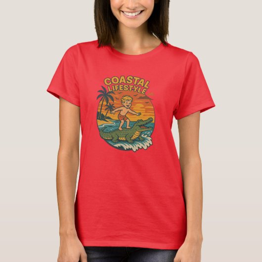 Coastal Lifestyle Gator Surfing - Retro Surf Beach T-Shirt (Vorderseite)
