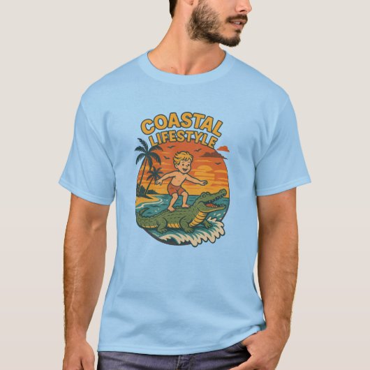 Coastal Lifestyle Gator Surfing - Retro Surf Beach T-Shirt (Vorderseite)