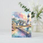 Coastal Lighthouse & Beach Hütten Szene Postkarte (Stehend Vorderseite)