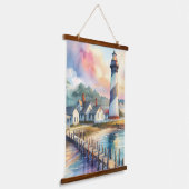 Coastal Lighthouse & Beach Hütten Szene Wandteppich Mit Holzrahmen (Gewinkelt)