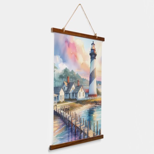 Coastal Lighthouse & Beach Hütten Szene Wandteppich Mit Holzrahmen (Gewinkelt)