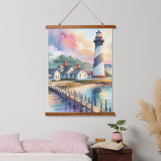 Coastal Lighthouse & Beach Hütten Szene Wandteppich Mit Holzrahmen (Schlafzimmer)