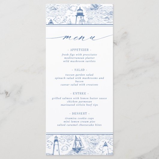 Coastal Lighthouse Blue Toile Wedding Menükarte (Vorderseite)
