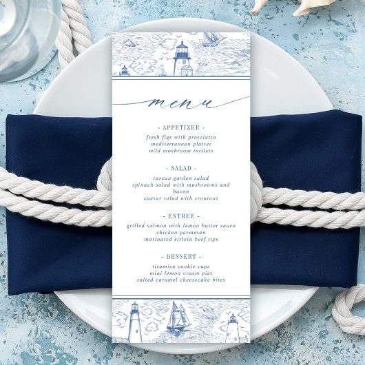 Coastal Lighthouse Blue Toile Wedding Menükarte