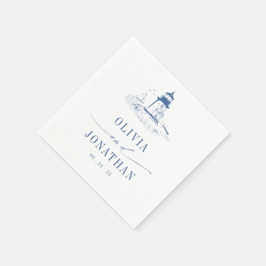 Coastal Lighthouse Blue Toile Wedding Serviette (Ecke)