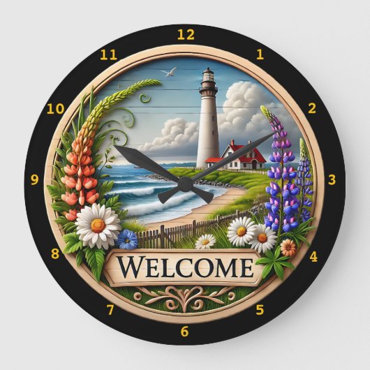 Coastal Lighthouse Herzlich willkommen Große Wanduhr (Vorderseite)