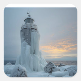 coastal lighthouse in winter storm quadratischer aufkleber