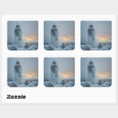 coastal lighthouse in winter storm quadratischer aufkleber (Blatt)