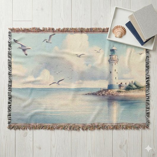 Coastal Lighthouse Seagulls Pastel Sky Serenity Decke