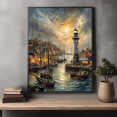Coastal Lighthouse & Seaside Village Poster