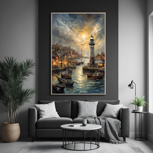 Coastal Lighthouse & Seaside Village Poster