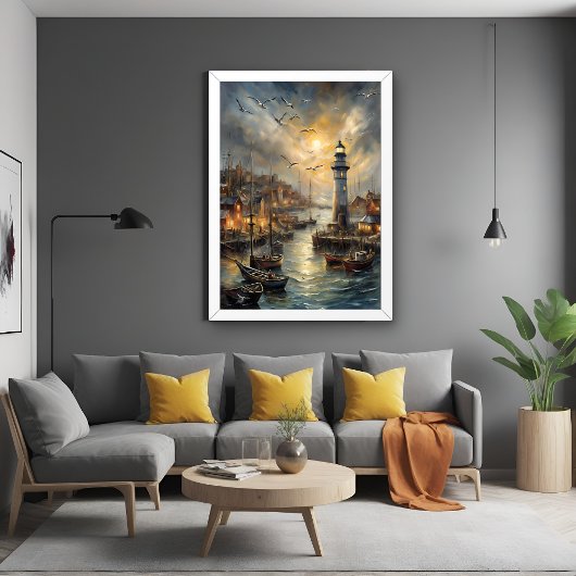 Coastal Lighthouse & Seaside Village Poster