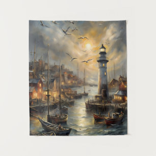 Coastal Lighthouse & Seaside Village Wandteppich