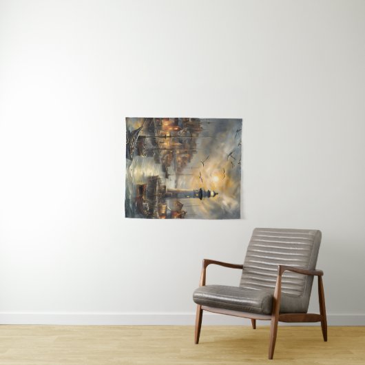 Coastal Lighthouse & Seaside Village Wandteppich (Beispiel (Horizontal))