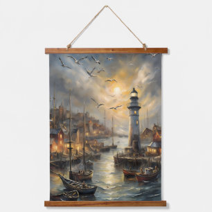 Coastal Lighthouse & Seaside Village Wandteppich Mit Holzrahmen