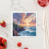 Coastal Lighthouse Sunset | Beach Ocean Painting Serviette (Beispiel)