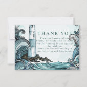 Coastal Lighthouse Wave Wedding Dankeskarte (Vorderseite)