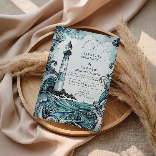 Coastal Lighthouse Wave Wedding Einladung