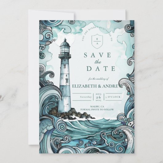 Coastal Lighthouse Wave Wedding Save The Date (Vorderseite)