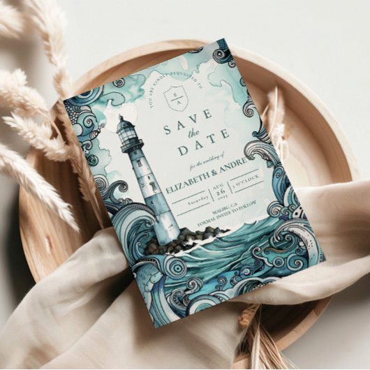 Coastal Lighthouse Wave Wedding Save The Date