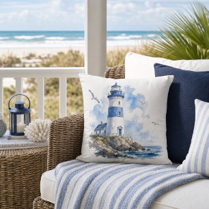 Coastal Living Leuchtturm Blau auf Weiß Kissen