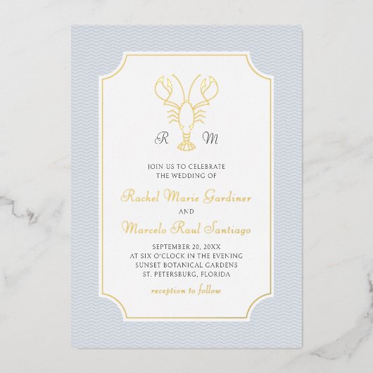 Coastal Lobster Minimalist Preppy Wedding Folieneinladung (Vorderseite)