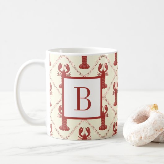 Coastal Lobster Red Cream Diamond Initial Monogram Kaffeetasse (Mit Donut)
