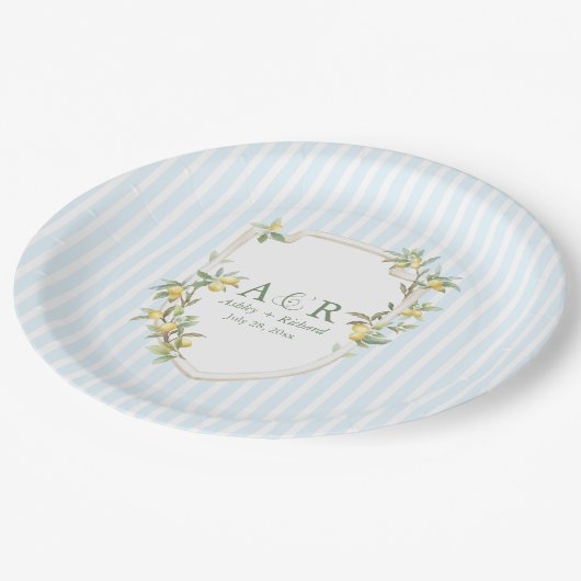 Coastal Mediterranean Lemon Crest Wedding Pappteller (Schrägansicht)