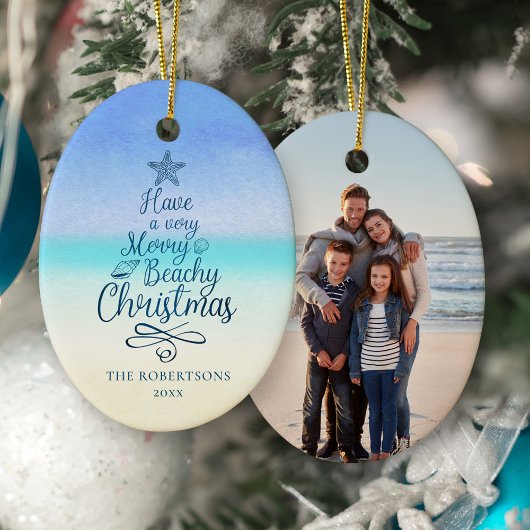 Coastal Merry Beachy Weihnachtsskript-Foto Keramik Ornament