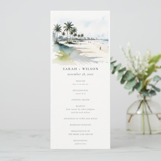 Coastal Miami Beach Palm Tree Hochzeitsprogramm Einladung (Stehend Vorderseite)