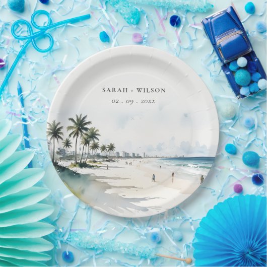 Coastal Miami Beach Palm Tree Wasserfarbenhochzeit Pappteller (Party)