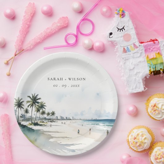 Coastal Miami Beach Palm Tree Wasserfarbenhochzeit Pappteller (Party)