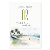 Coastal Miami Beach Palm Tree Wasserfarbenhochzeit Tischnummer (Vorderseite)