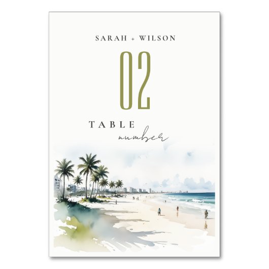 Coastal Miami Beach Palm Tree Wasserfarbenhochzeit Tischnummer (Vorderseite)