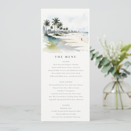 Coastal Miami Beach Palm Tree Wedding Menü Card Einladung (Stehend Vorderseite)