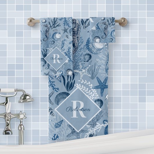 Coastal Monogram Blue Ocean Life Badhandtuch Set