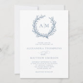Coastal Monogram Dusty Blue Beach Wedding Einladung (Vorderseite)