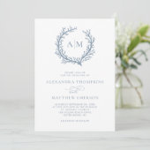 Coastal Monogram Dusty Blue Beach Wedding Einladung (Stehend Vorderseite)