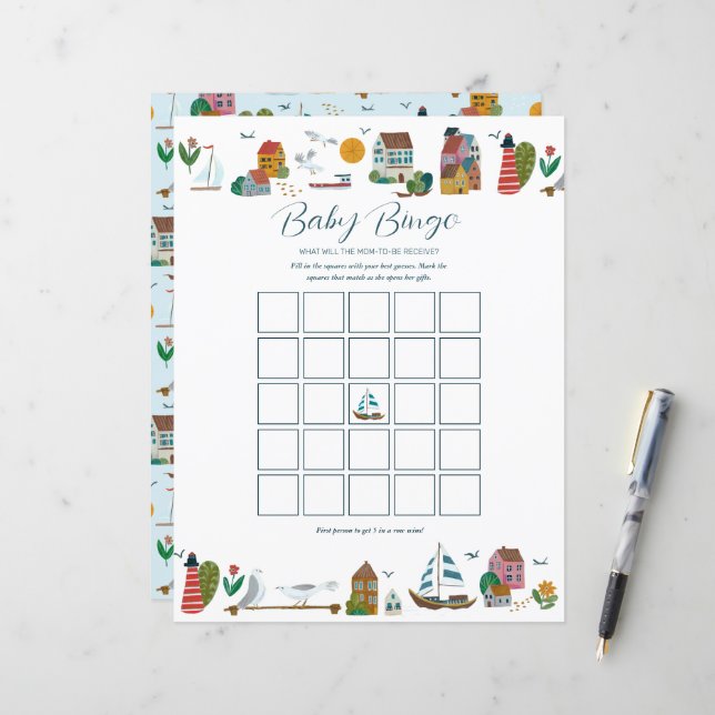 Coastal Nautical Bingo Baby Shower Game (Vorderseite/Rückseite Beispiel)