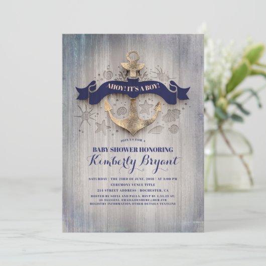 Coastal Nautical Gold Anker Baby Dusche Einladung (Stehend Vorderseite)