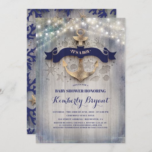 Coastal Nautical Golden Anchor Baby Dusche Einladung (Vorne/Hinten)