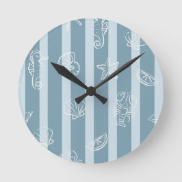 Coastal Nautical Pattern | Blue Sea Shell & Seahor Runde Wanduhr
