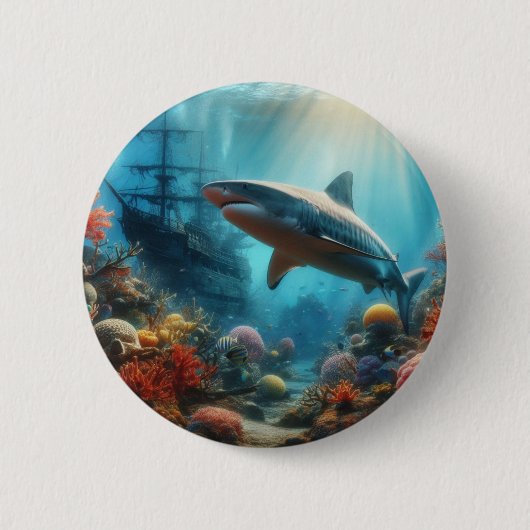 Coastal/nautical tiger shark & coral reef button (Vorderseite)