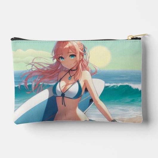 Coastal/Nautical/tropical anime surfer girl Zubehörtasche (Rückseite)